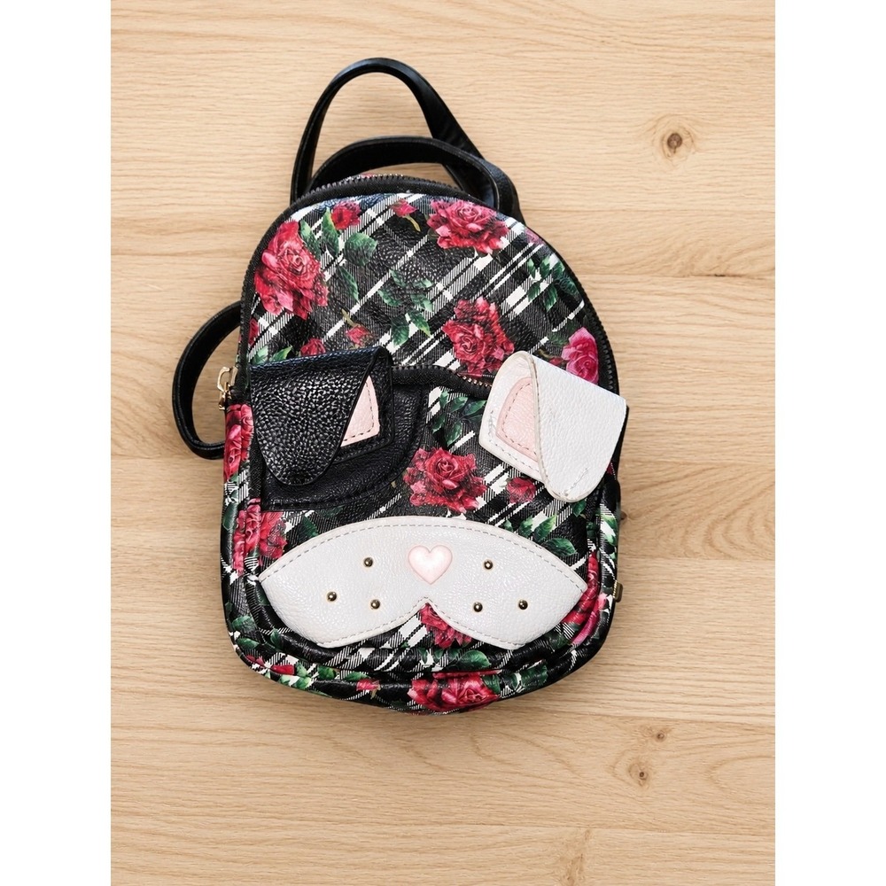 Betsey Johnson Mini Backpack Kitsch Frenchie Puppy French Dog Roses Plaid Black